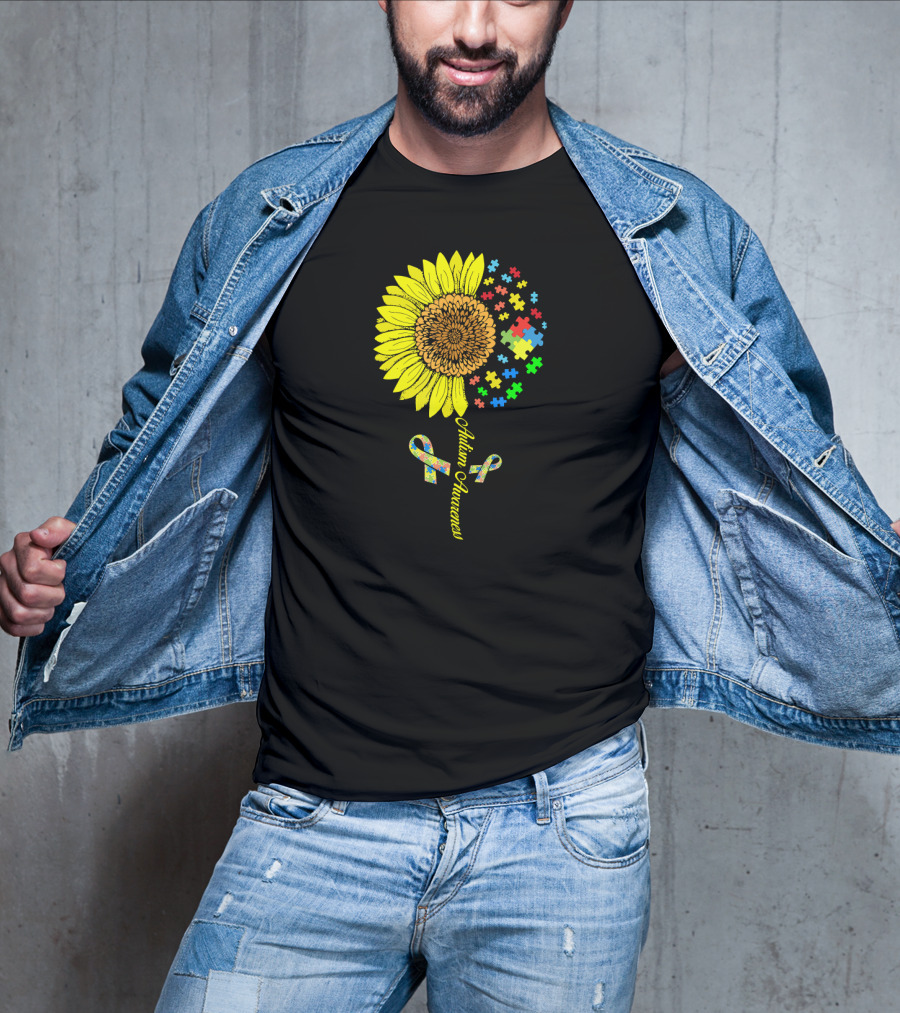 Autism Awareness Puzzle Ribbon Sunflower T-Shirt