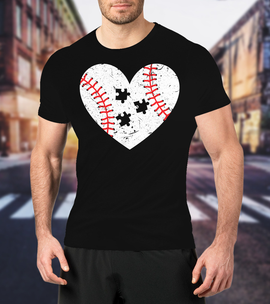 Baseball Heart Autism Puzzle Love T-Shirt