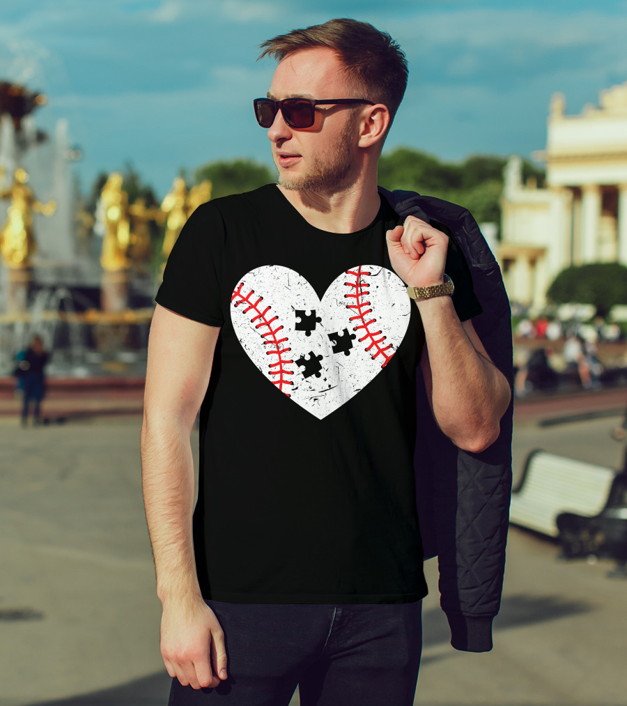 Baseball Heart Autism Puzzle Love T-Shirt