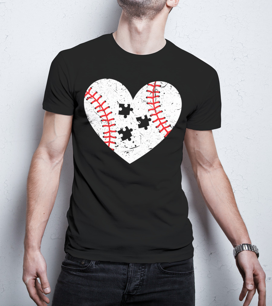 Baseball Heart Autism Puzzle Love T-Shirt