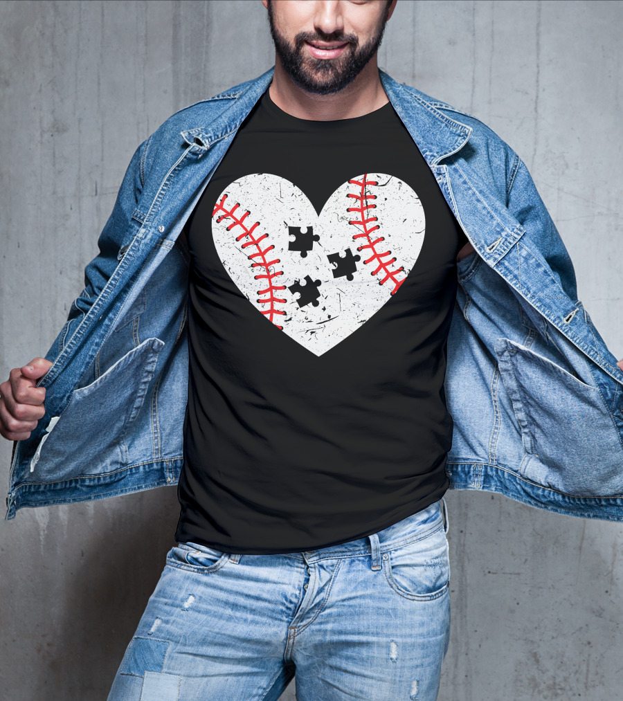 Baseball Heart Autism Puzzle Love T-Shirt
