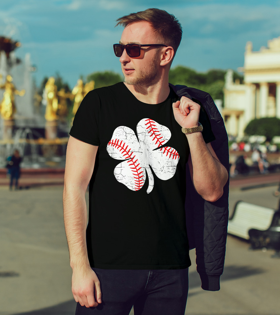 Baseball Patricks Day Boys Me Shamrock Stitch T-Shirt