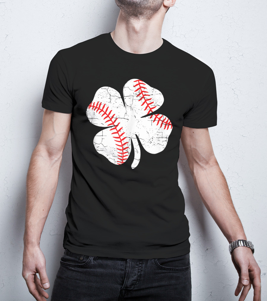 Baseball Patricks Day Boys Me Shamrock Stitch T-Shirt