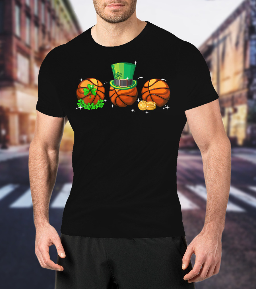 Basketball Trio With Leprechaun Hat Shamrocks And Gold Coins T-Shirt