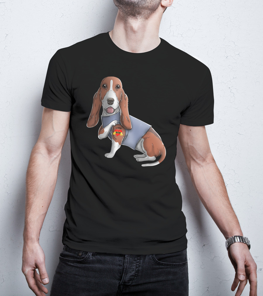 Basset Hound With I Love Mom Heart Tattoo T-Shirt