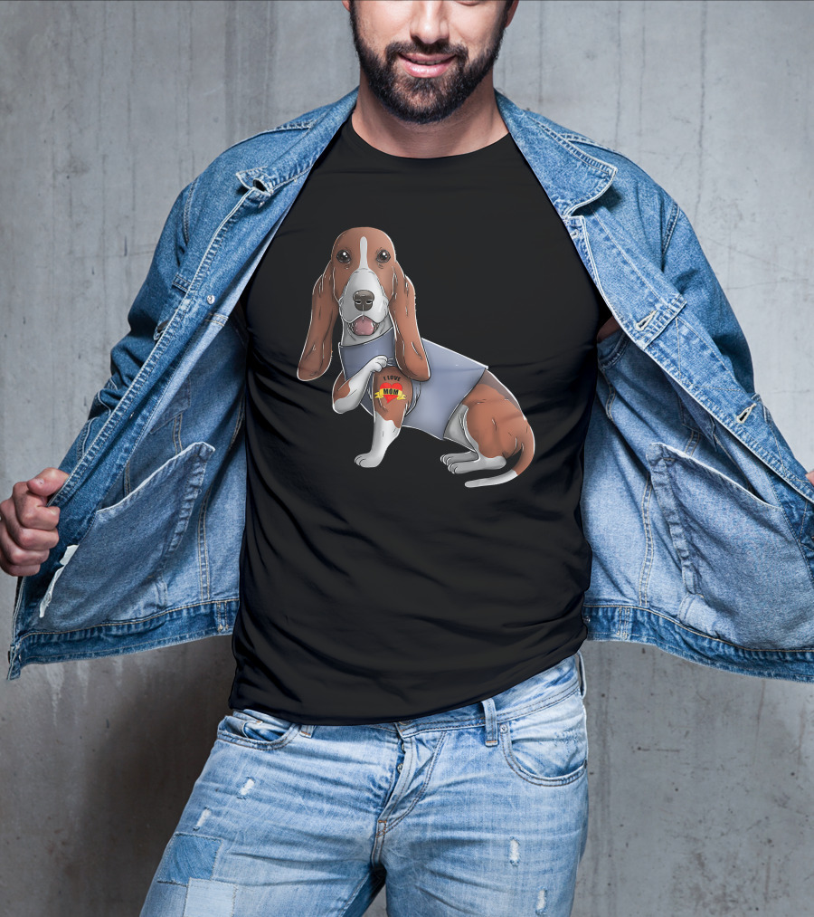 Basset Hound With I Love Mom Heart Tattoo T-Shirt
