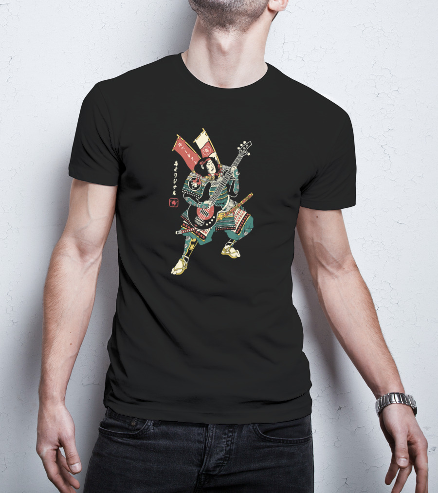 BASSIST SAMURAI No7 Vintage Japanese Warrior Playing Bass Guitar T-Shirt