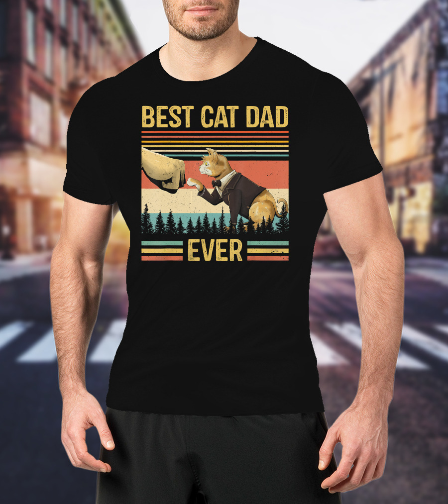 Best Cat Dad Ever Retro Paw Fist Bump Forest Stripes T-Shirt