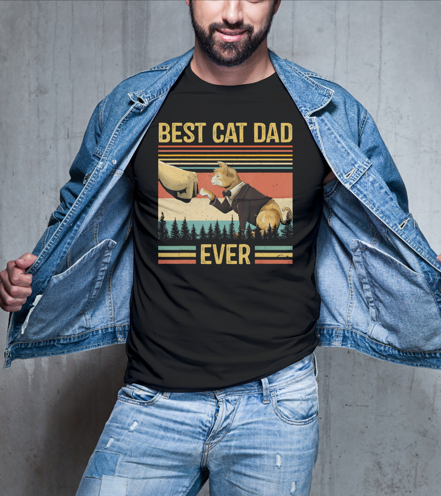 Best Cat Dad Ever Retro Paw Fist Bump Forest Stripes T-Shirt