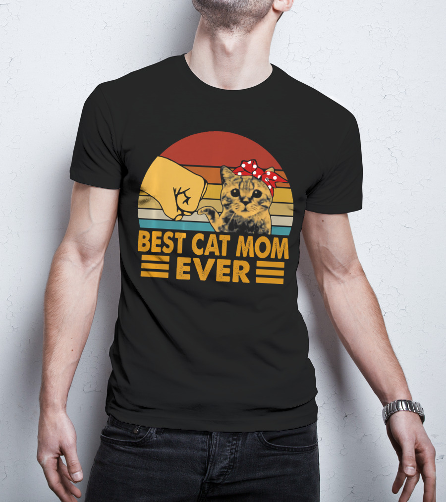 Best Cat Mom Ever Vintage Be Fist Bump Cat With Bow Retro Stripes T-Shirt