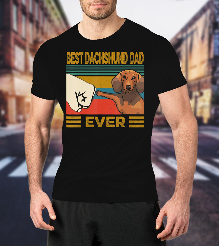 Best Dachshund Dad Ever Fist Bump Retro Stripes T-Shirt