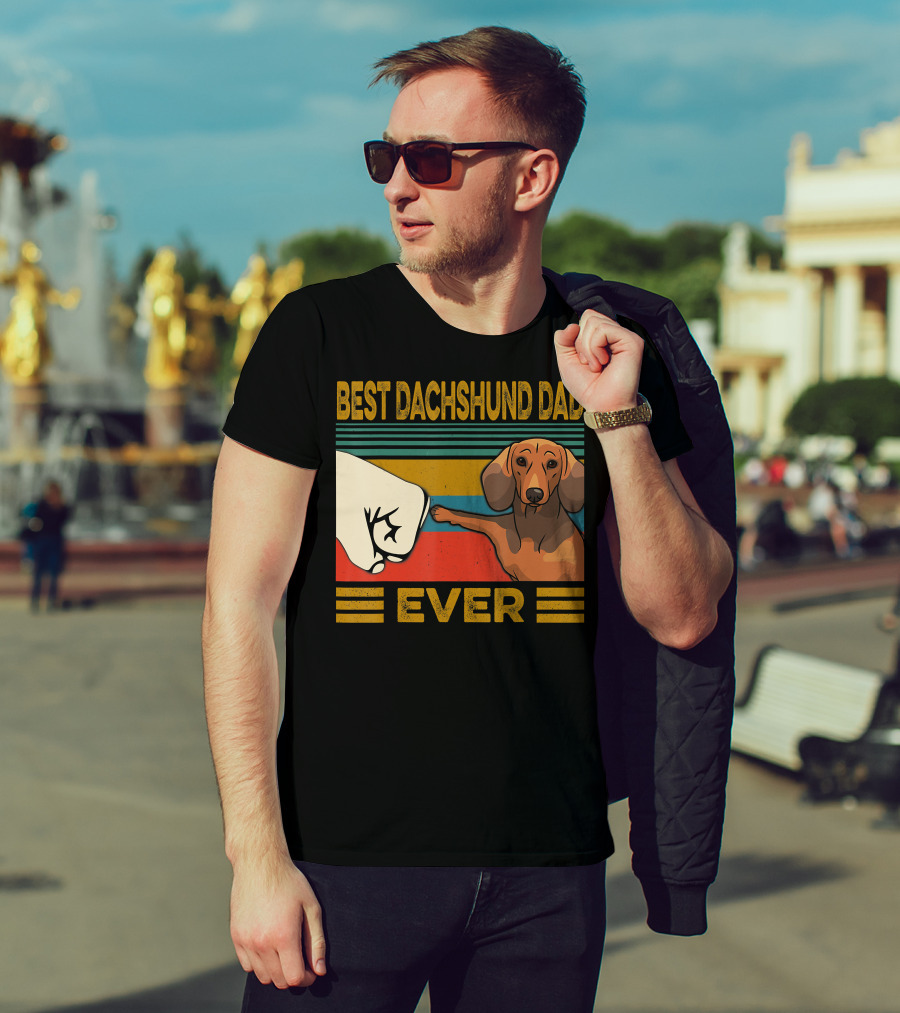 Best Dachshund Dad Ever Fist Bump Retro Stripes T-Shirt