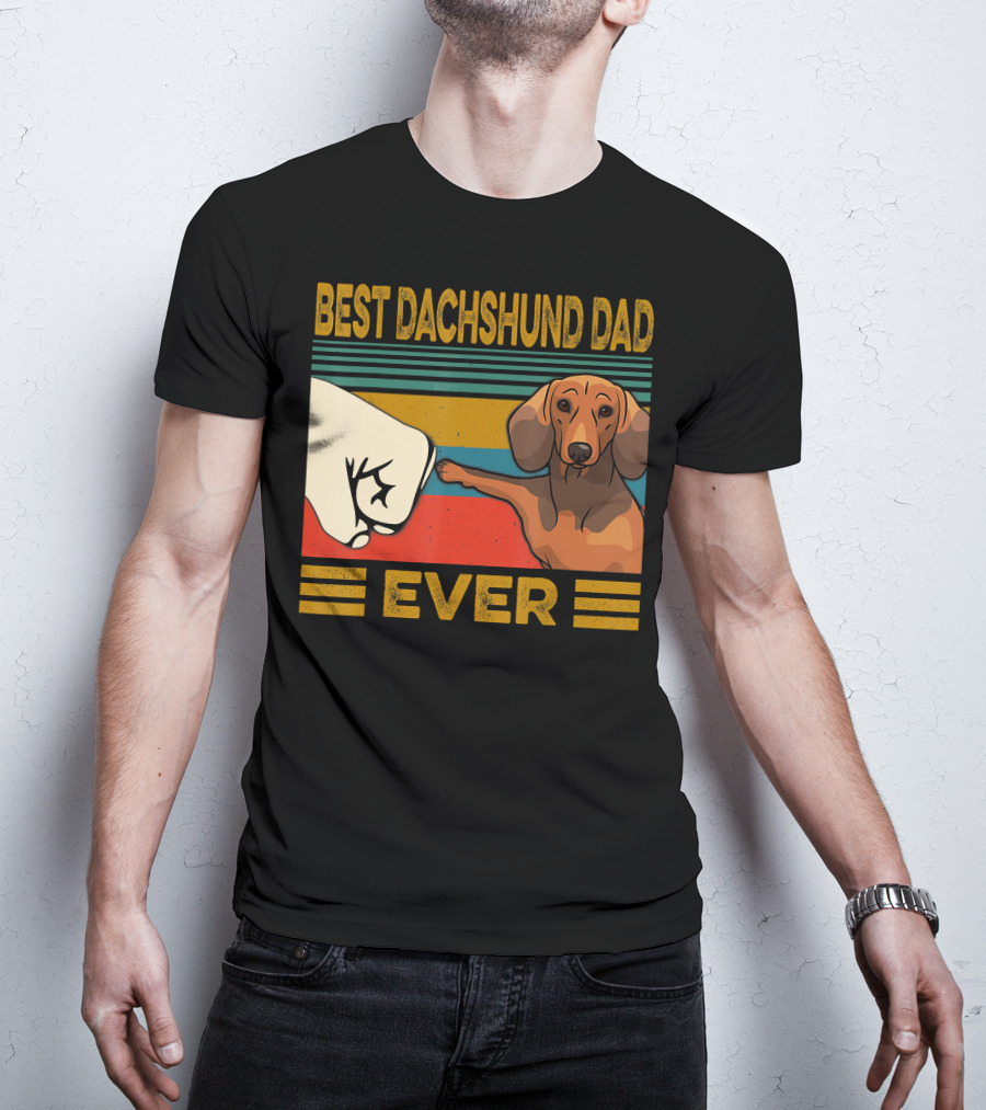 Best Dachshund Dad Ever Fist Bump Retro Stripes T-Shirt