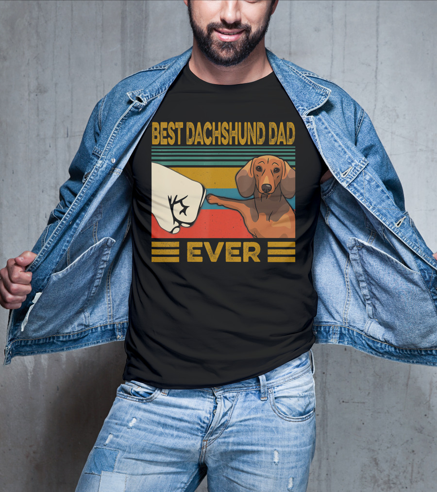 Best Dachshund Dad Ever Fist Bump Retro Stripes T-Shirt