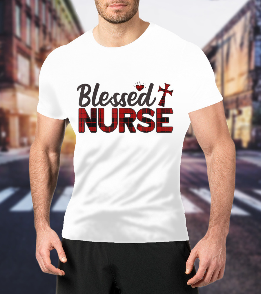 Blessed Nurse Plaid Heart Cross Christian T-Shirt