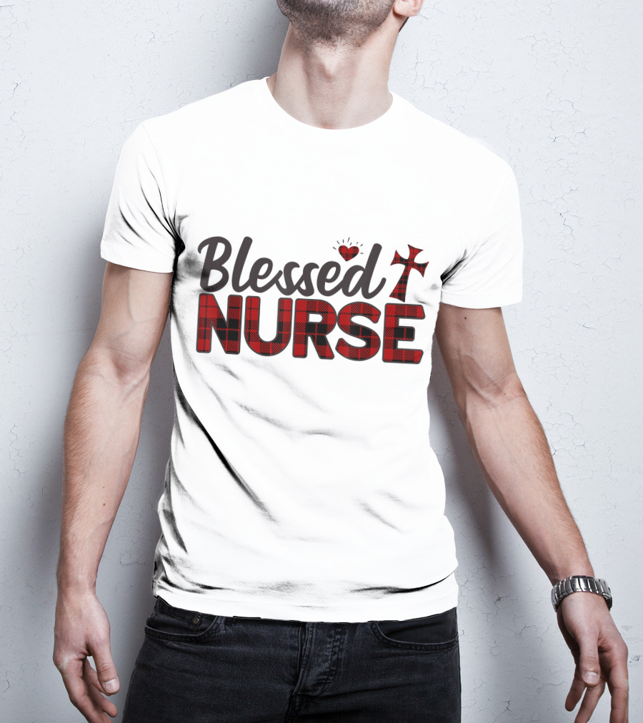 Blessed Nurse Plaid Heart Cross Christian T-Shirt