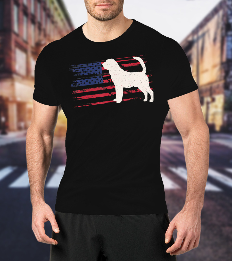 Bloodhound Puppy Silhouette With Distressed American Flag Background T-Shirt