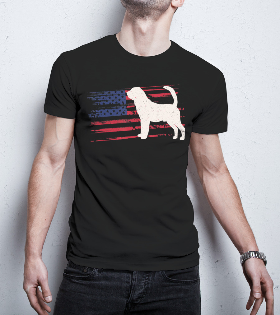 Bloodhound Puppy Silhouette With Distressed American Flag Background T-Shirt