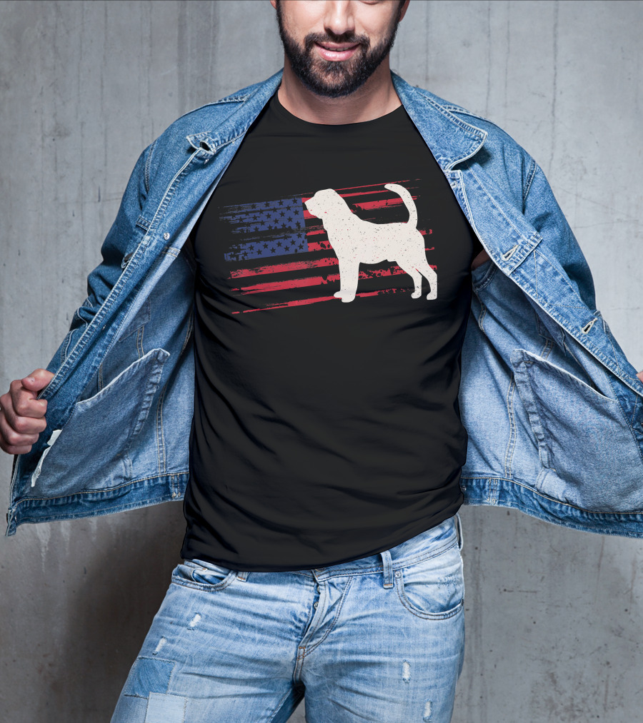 Bloodhound Puppy Silhouette With Distressed American Flag Background T-Shirt