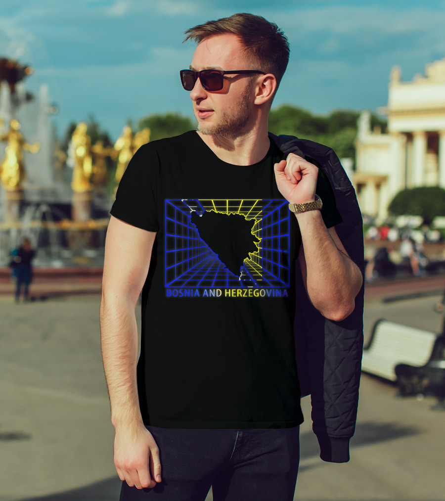 Bosnia And Herzegovina Map Bosnian Neon Grid T-Shirt