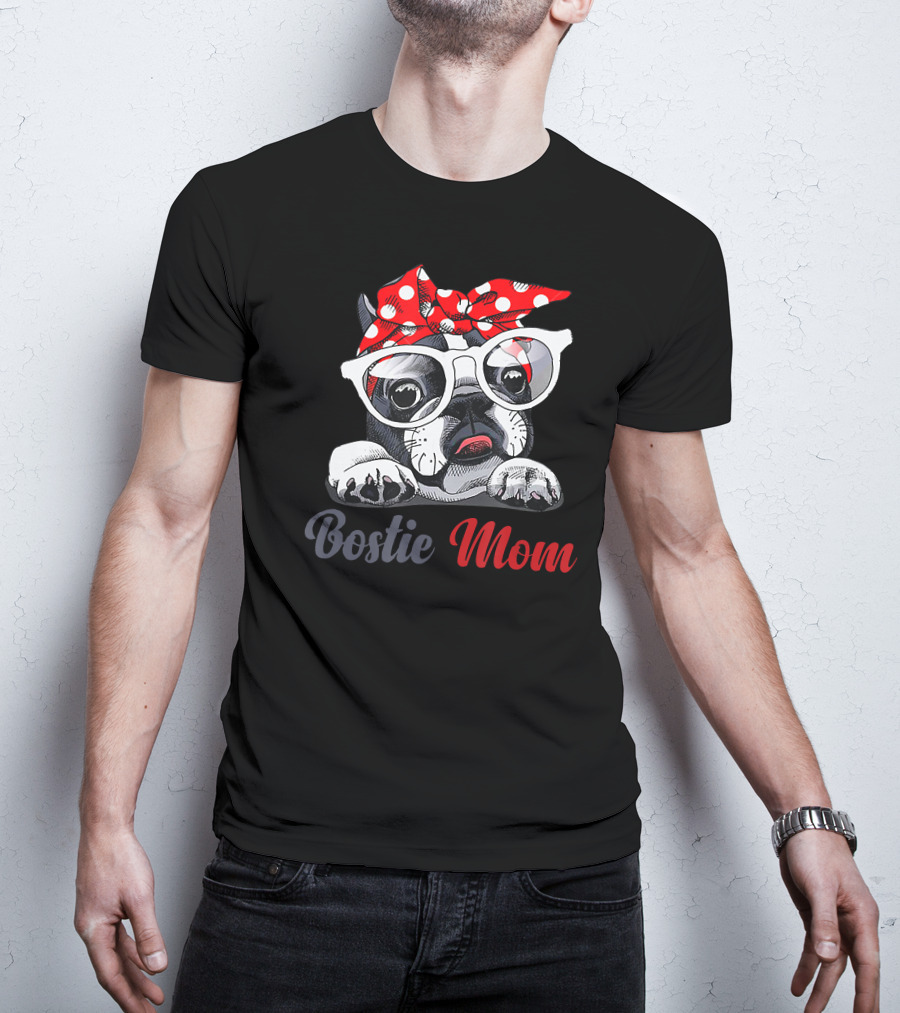 Bostie Mom Boston Terrier Dog With Red Polka Dot Bandana And Glasses T-Shirt