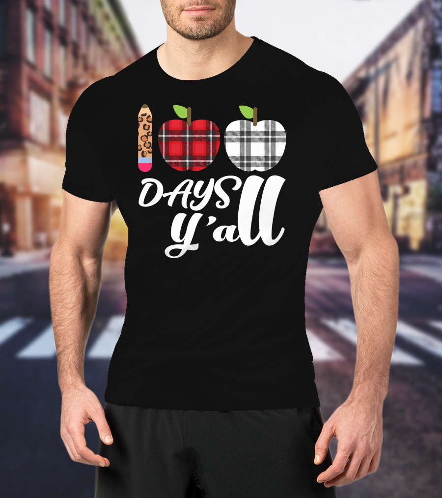 Buffalo Plaid Leopard Pencil 100 Days Y'all Apples T-Shirt