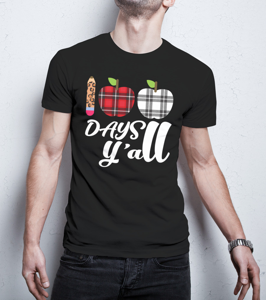 Buffalo Plaid Leopard Pencil 100 Days Y'all Apples T-Shirt