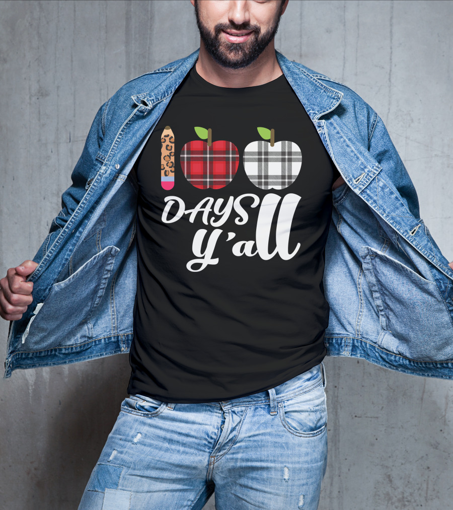 Buffalo Plaid Leopard Pencil 100 Days Y'all Apples T-Shirt