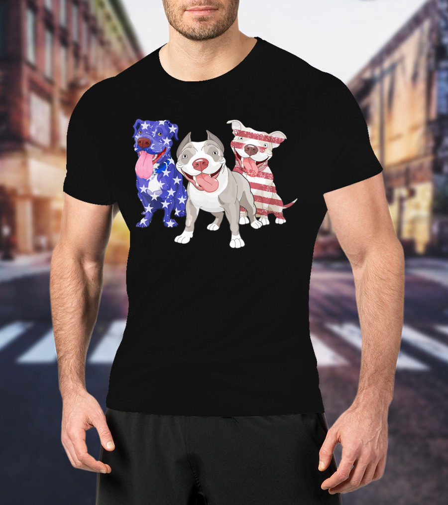 Three Pitbulls American Flag July T-Shirt