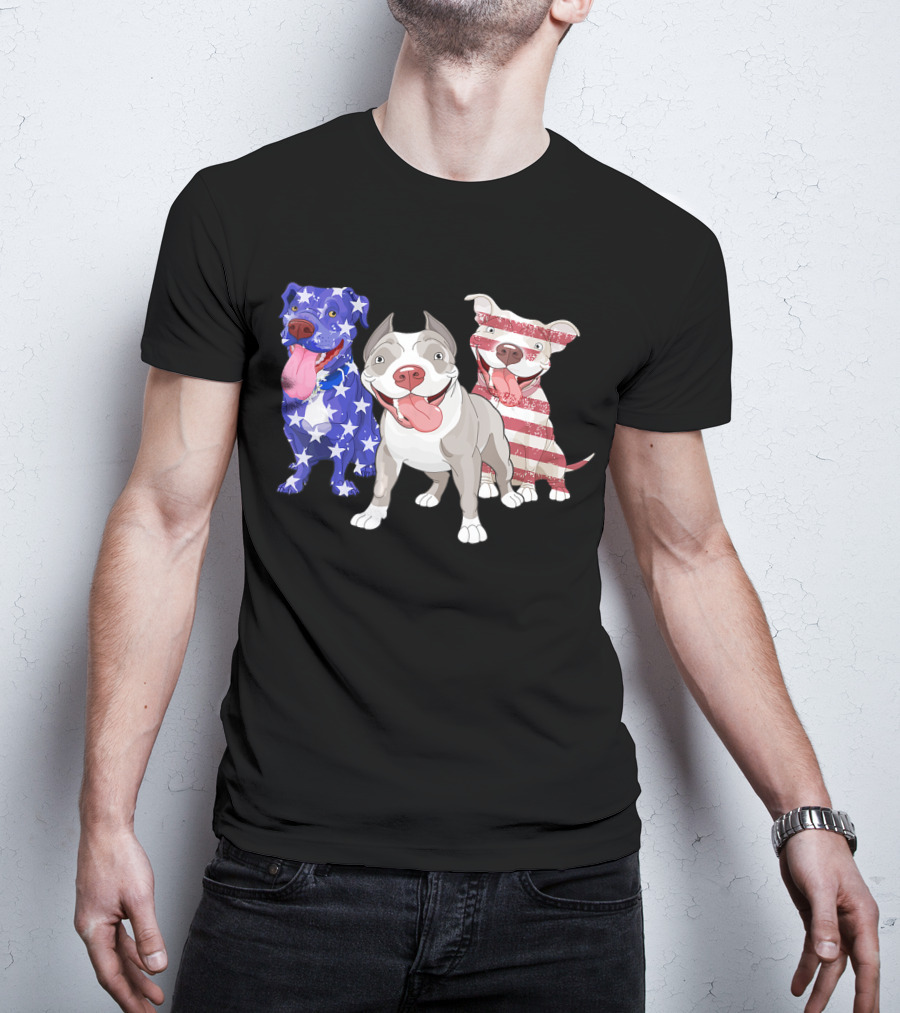 Three Pitbulls American Flag July T-Shirt