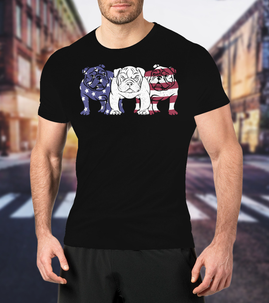Unique Bulldog Trio American Flag T-Shirt