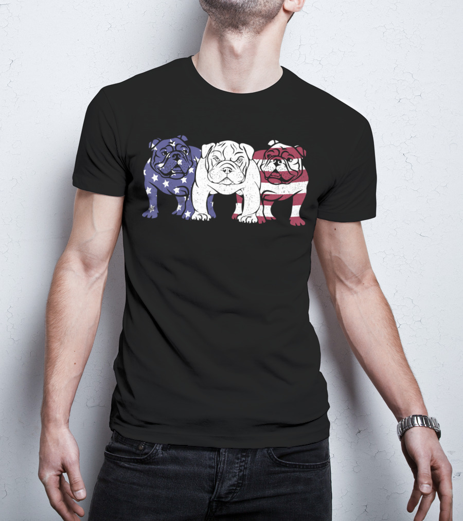Unique Bulldog Trio American Flag T-Shirt