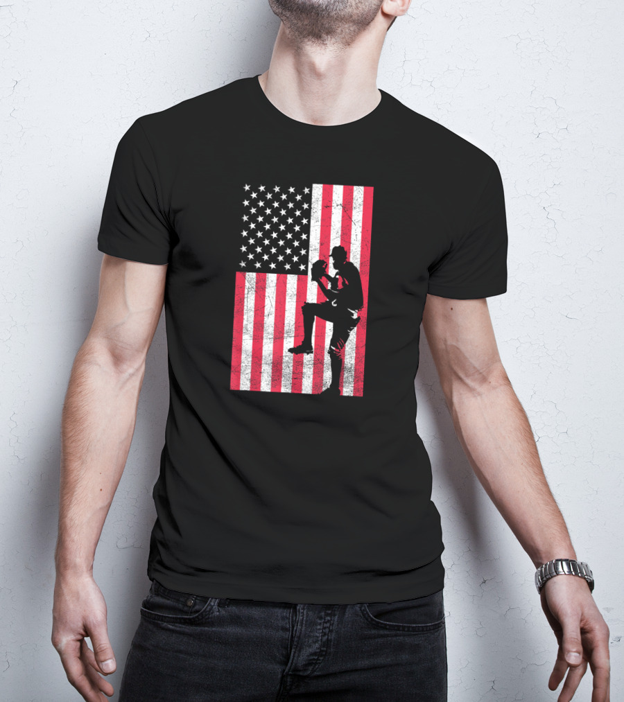 USA American Flag Baseball Pitcher Red White Blue T-Shirt