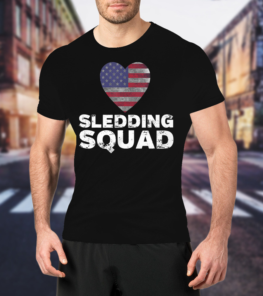 USA Flag Heart Sledding Squad Team T-Shirt