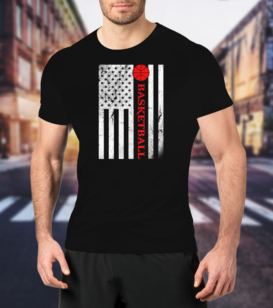 USA Red White Vintage American Flag Basketball T-Shirt