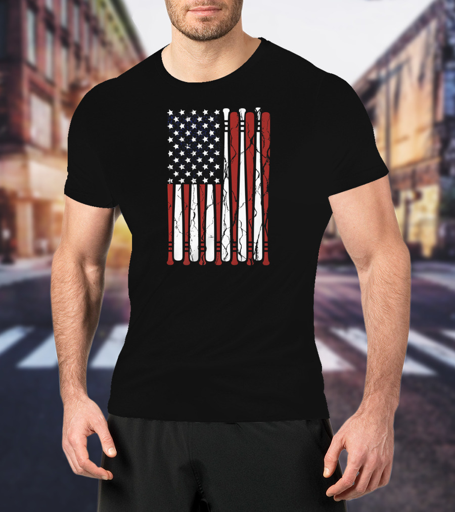 Vintage Distressed American Flag With Baseball Bats T-Shirt