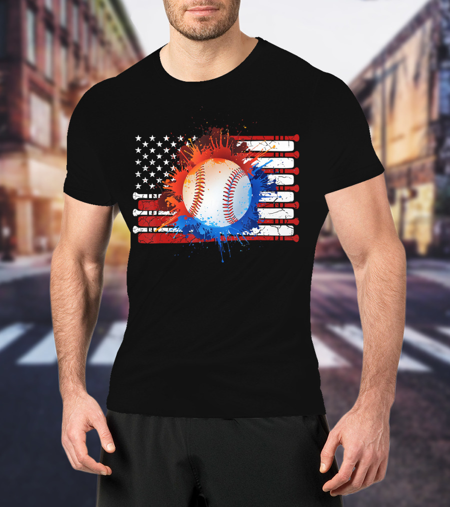 Vintage American Flag Baseball Softball With Paint Splatter And Bat Stripes T-Shirt