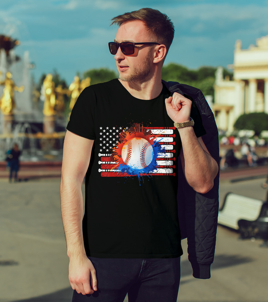 Vintage American Flag Baseball Softball With Paint Splatter And Bat Stripes T-Shirt
