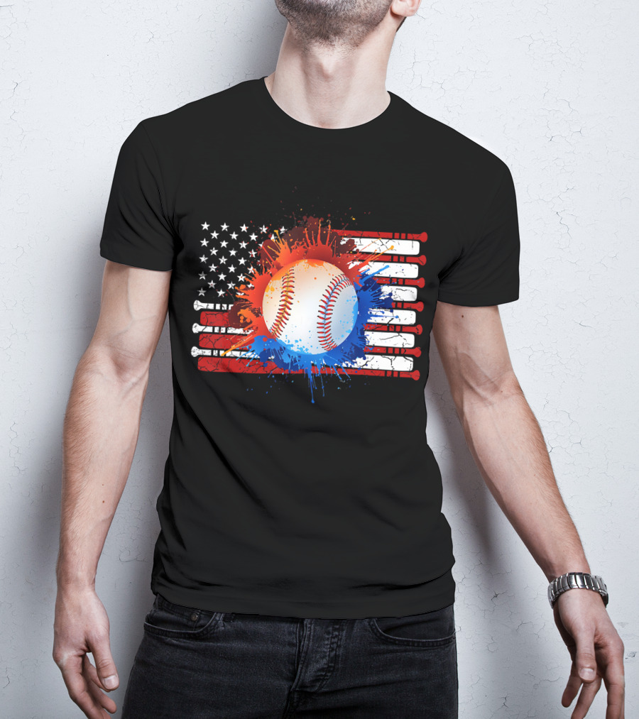 Vintage American Flag Baseball Softball With Paint Splatter And Bat Stripes T-Shirt