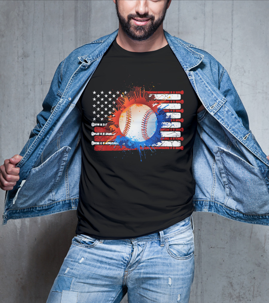 Vintage American Flag Baseball Softball With Paint Splatter And Bat Stripes T-Shirt