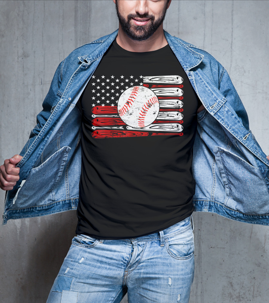 American Flag Vintage Baseball Bat Sports T-Shirt