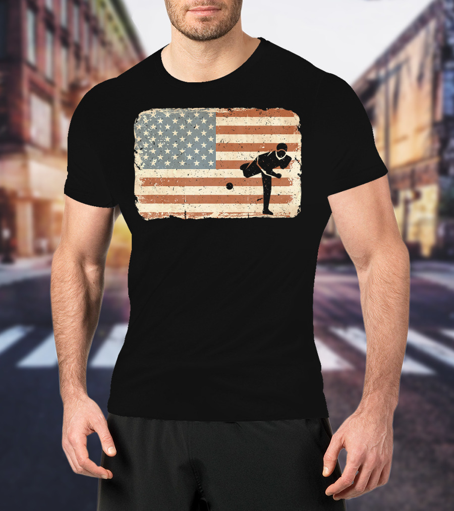 Vintage Baseball Pitcher Silhouette With American Flag Background T-Shirt
