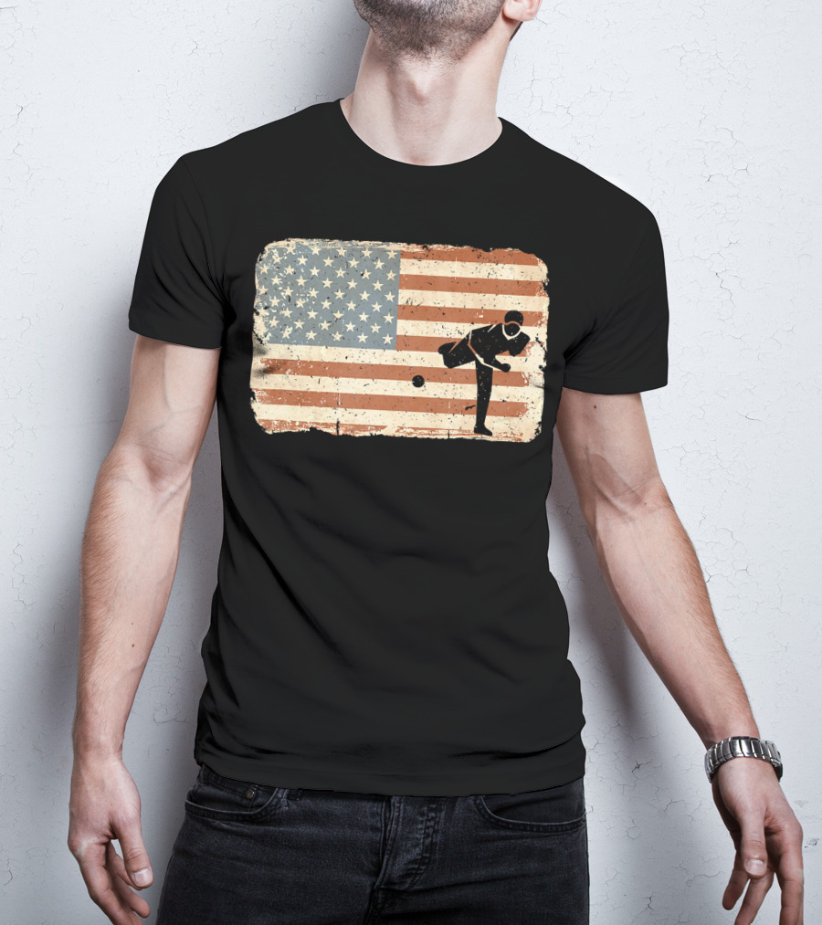 Vintage Baseball Pitcher Silhouette With American Flag Background T-Shirt