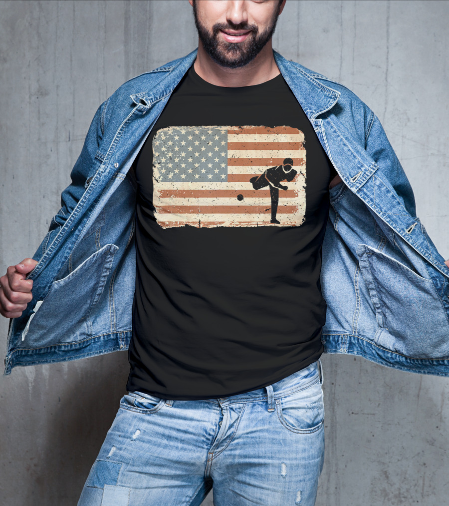 Vintage Baseball Pitcher Silhouette With American Flag Background T-Shirt