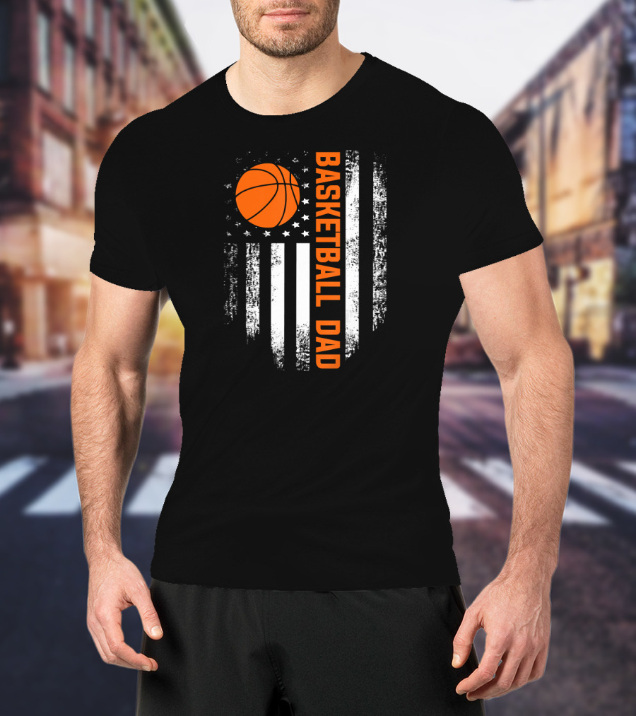 Vintage Basketball Dad American Flag Vertical Stripes And Orange Ball T-Shirt