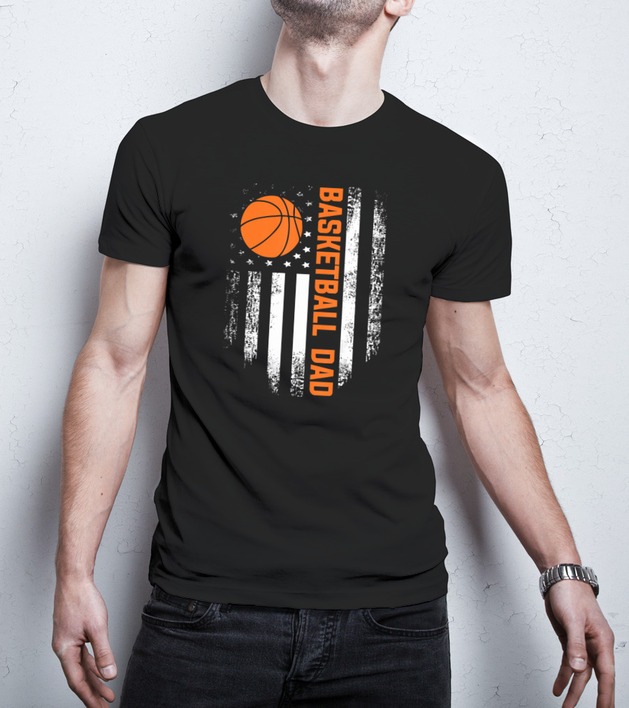 Vintage Basketball Dad American Flag Vertical Stripes And Orange Ball T-Shirt