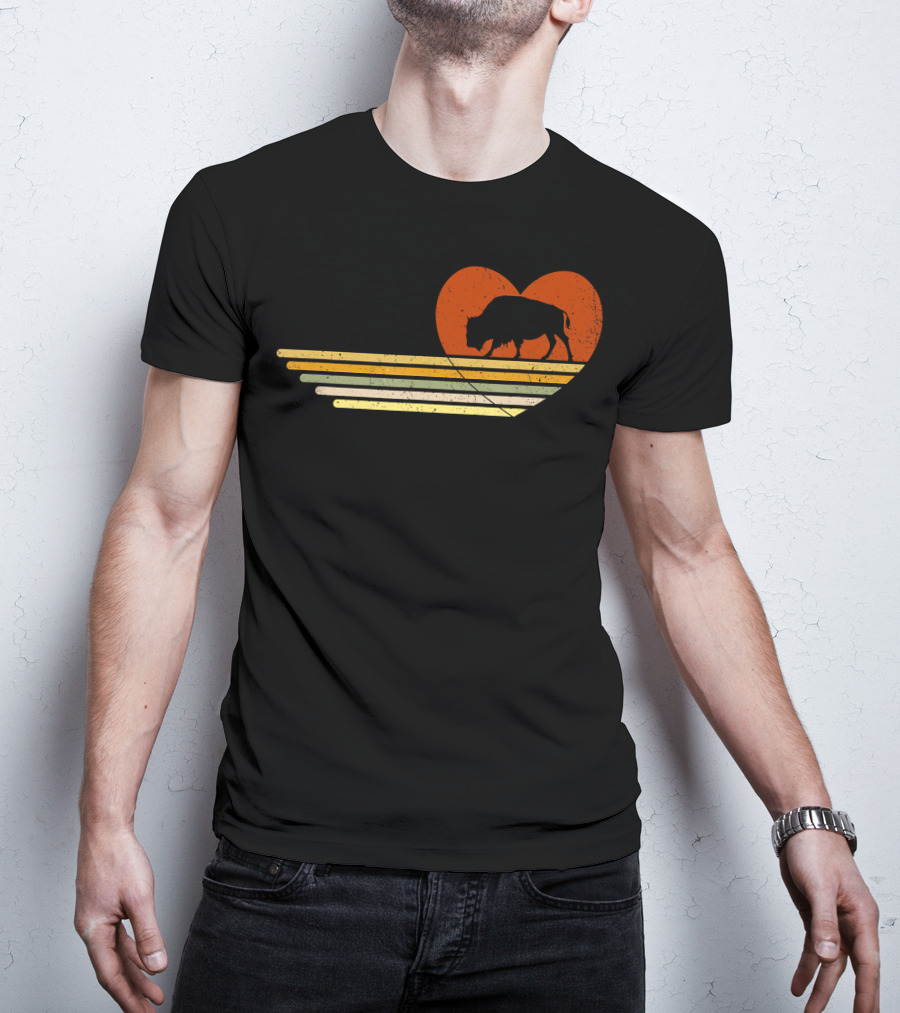 Vintage Bison Heart Retro Sunset Stripes T-Shirt