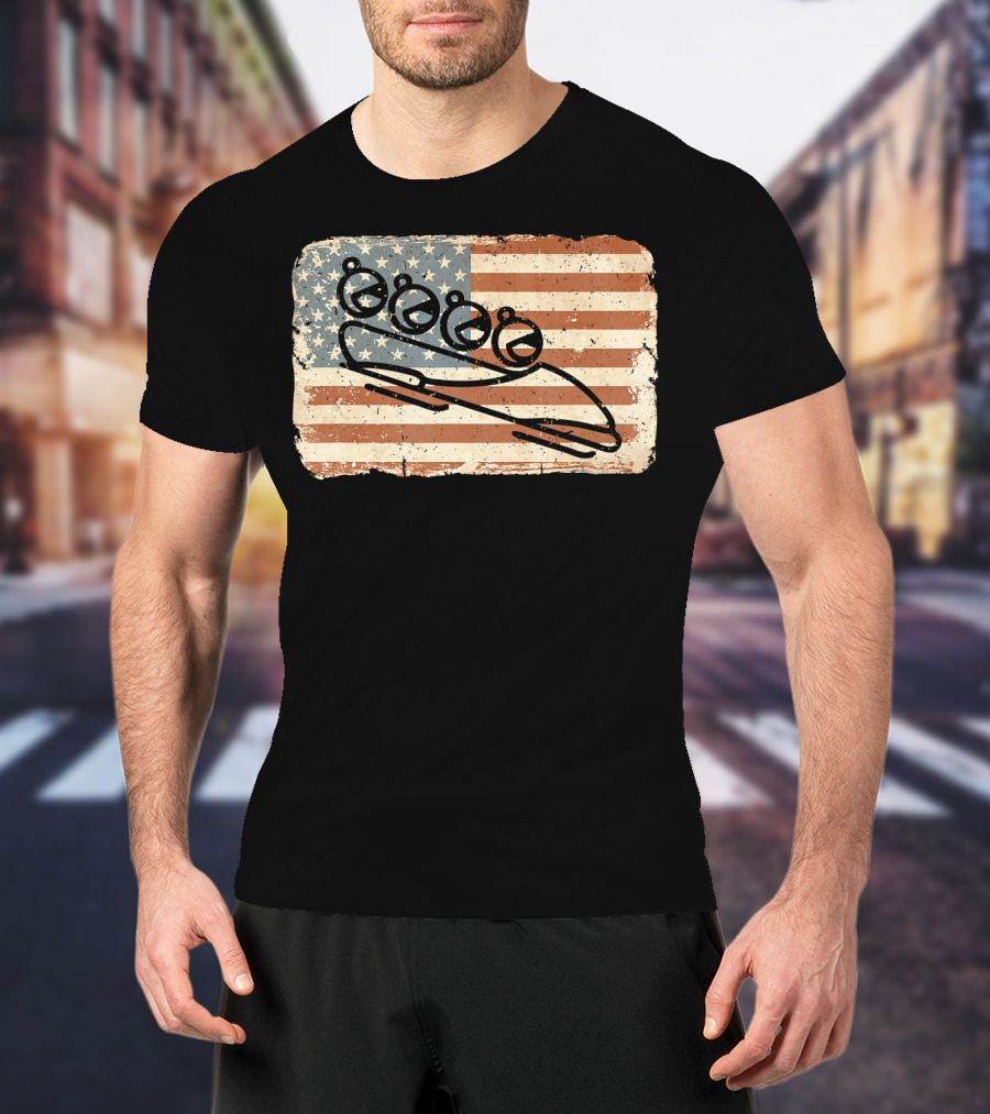 Vintage Bobsled Team On Distressed American Flag Background T-Shirt