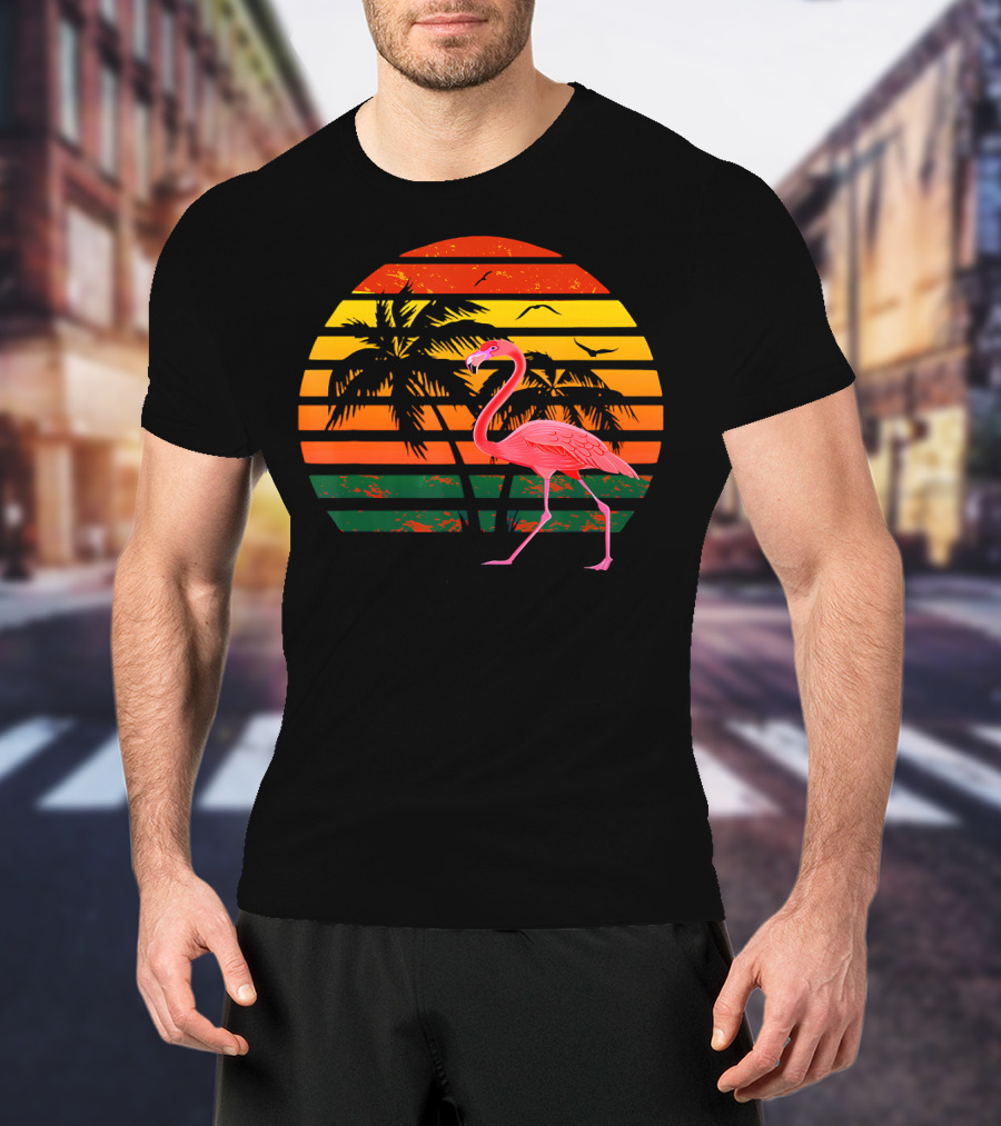 Vintage Flamingo Bird Tropical Sunset With Palm Trees And Birds T-Shirt