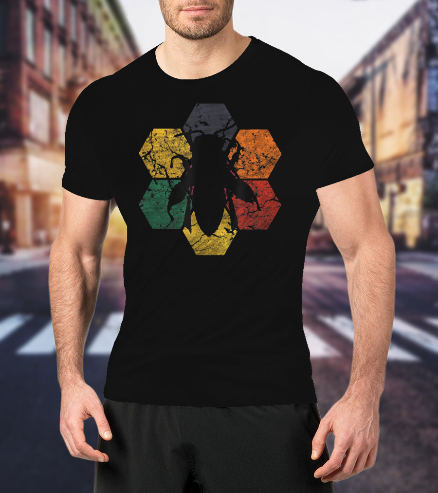 Vintage Hexagon Honey Bee Silhouette Retro Color Blocks T-Shirt